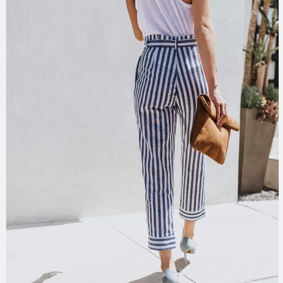Tie Waist Belted Cigarette Trousers Striped Pants - Picture 6 of 8